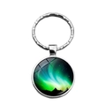 Northern Lights aurora borealis glass cabochon pendant keychain with silver metal ring - Green Aurora Over Black Mountains Style (XSWX4881-4)