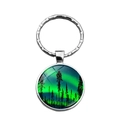 Silver aurora glass cabochon keychain with forest silhouette for car bags and accessories - Aurora and Conifer Silhouette Style (XSWX4881-2)