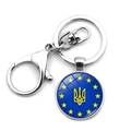 Detail of Ukraine trident and EU flag circular metal keychain with lobster clasp - EU Joint Trident Style (XSWX4486-12)