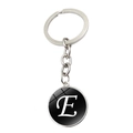 Porte-clés en métal argenté avec pendentif dôme en verre noir et lettre blanche E - Lettre E