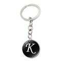 Porte-clés en métal argenté avec cabochon en verre vintage lettre K blanche sur fond noir - Lettre K