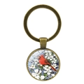 Vintage bronze keychain with cardinal bird and white flowers under glass dome - Flower Surrounded Bird Style (XSWX4976-9)