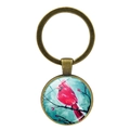Vintage bronze keychain with a glass cabochon pendant featuring a red cardinal bird design - Cyan Art Illustration Style (XSWX4976-8)