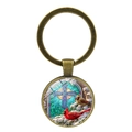 Detail of cardinal bird and cross motif on round glass dome within antique bronze keychain - Cross Religious Background Style (XSWX4976-3)