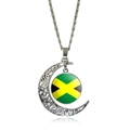 Detailed silver hollow moon necklace pendant featuring Jamaica flag glass cabochon - Jamaica