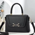 Classic black litchi texture crossbody bag with elegant golden horsebit buckle - Length 24 Height 16 Depth 8 / Black