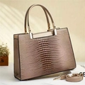 Elegant champagne gold faux crocodile tote bag with dual handles and gold-tone hardware - Khaki