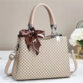 Elegant beige satchel with geometric pattern, silk scarf handle, and crossbody strap - L30xW13xH22 / Khaki