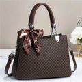 Classic brown checkered handbag with silk scarf handle and detachable leather strap - L30xW13xH22 / Coffee