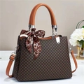 Women's dark quilted leather handbag with light brown handles and decorative silk scarf - L30xW13xH22 / Coffee/Yellow