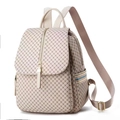 Detail view of beige backpack with brown geometric patterns and vertical zipper pocket - Double Zipper Decor (Style 2) / Style 2 Creamy White