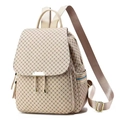 Fashionable beige backpack with cross pattern print and striped webbing for women - Style 3 Off-White