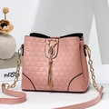 Pink bucket bag with geometric texture, cat gold buckle and stylish tassels on white blocks - Pink