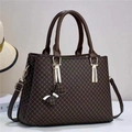 Deep brown crossbody bag with gold X-pattern, twin handles and bow charm detail - L30cm x H23cm x W13cm / Coffee