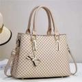 Beige printed handbag with triple layers and a golden butterfly charm on a soft background - L30cm x H23cm x W13cm / Off White