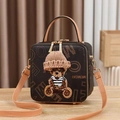 Brown box-shaped crossbody bag with vintage print and a plush bear with a knit hat - Coffee & Yellow Print