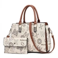 Close-up of cream tote bag set with brown trim and artistic letter print patterns - Cream & Earth Yellow