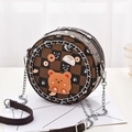 Chic checkered round crossbody bag with cute animal patches and metal chain strap - Coffee