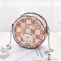 Pink checkered round crossbody bag with cute cat patterns and cartoon bear detail - Pink
