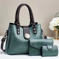 Set di tre borse retrò in pelle verde scuro con borsa a mano, portafoglio e porta carte - Tote + Pochette + Porta carte (28*13*21cm) / Verde