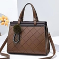 Brown quilted diamond tote bag with faux fur pompom and adjustable shoulder strap - L28 H22 W15 / Khaki