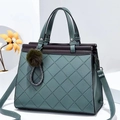 Quilted dark green tote bag with contrast stitching, top handles and a plush ball charm - L28 H22 W15 / Dark Green