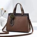 Brown embossed tote bag with V-pattern, round handles, and detachable shoulder strap - L28cm x H22cm x W15cm / Khaki