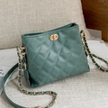 Fashionable Morandi green quilted chain crossbody bag with gold-tone twist lock and strap - Dark Green