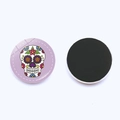 Detailed front and back view of a colorful sugar skull round glass fridge magnet with magnetic back - Skull Pattern 6 (JY007732-6) / 25mm / Lavender