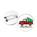 Christmas tinplate badge with red plaid truck, Merry Christmas text and metal pin back - Buffalo Plaid Christmas Truck Style (JY007738-8)