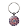 Macro detail of silver metal mandala keychain featuring colorful glass dome pattern - Dark Purple Orange Red Mandala Style (XSWX5055-10)