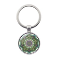 Macro detail of mandala glass dome keychain with colorful symmetric pattern inlay - Blue Green Interwoven Mandala Style (XSWX5055-7)