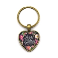 Porte-clés cœur vintage avec motif floral et citation Psaume 103:5 sur métal bronze - He fills My Life (Psalm 103:5) / Bronze