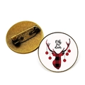 Detail of round Christmas brooch with red plaid reindeer motif and bronze pin back - Oh My Deer Reindeer Buffalo Plaid Style (JY007737-9)