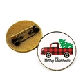 Front and back view of a Christmas truck brooch with a red plaid pattern and metal pin - Buffalo Plaid Truck with Christmas Tree Style (JY007737-8)