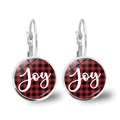 Festive red buffalo plaid Joy earrings with silver hooks and snowflake design - Joy Text Style (JY007739-6)