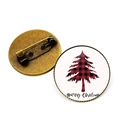 Close-up of a Christmas plaid badge with a Merry Christmas greeting and bronze pin back - Merry Christmas Buffalo Plaid Tree Style (JY007737-7)