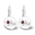 Close-up of snowman earrings with red plaid hat and Let it snow text on silver round base - Snowman Style (JY007739-5)