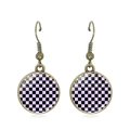 Detail of vintage checkerboard earrings with purple and black pattern under domed glass - Black and Purple Checkerboard Style (JY007788-9)