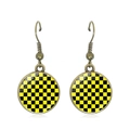 Detail of vintage checkerboard drop earrings with yellow and black patterns and glass dome - Yellow and Black Checkerboard Style (JY007788-8)