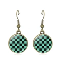 Green and black checkered glass gem earrings with bronze hooks in a minimalist design - Green and Black Checkerboard Style (JY007788-7)