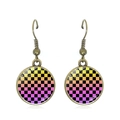 Detail of vintage checkerboard drop earrings with bronze finish and glass patterns - Gradient Colorful Checkerboard Style (JY007788-6)