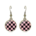 Pink and black checkerboard pattern drop earrings with retro bronze hooks and glass dome - Pink and Black Checkerboard Style (JY007788-5)
