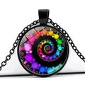 Rainbow mandala spiral pendant necklace with black chain and glass dome jewelry - Black (JY007783-Black)