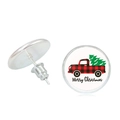 Detailed view of Merry Christmas stud earrings featuring red plaid truck and silver backings - Christmas Truck Style (JY007740-8)