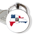 Detailed close-up of Dominican Republic flag map keyring with glass dome and silver alloy rim - Jy007814-11