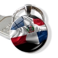 Round Dominican Republic flag keychain with a glass cabochon pendant and metal ring - Alloy Base Center Emblem (JY007814-10)
