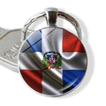 Round silver keychain pendant featuring the Dominican Republic flag under glass dome - Silk Wave Texture Flag (JY007814-9)