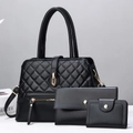 Black three-piece women handbag set featuring quilted design and elegant gold hardware - Three-Piece Set / Black
