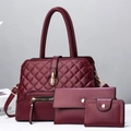 Three-piece dark burgundy handbag set with diamond stitching and golden hardware accents - Three-Piece Set / Burgundy